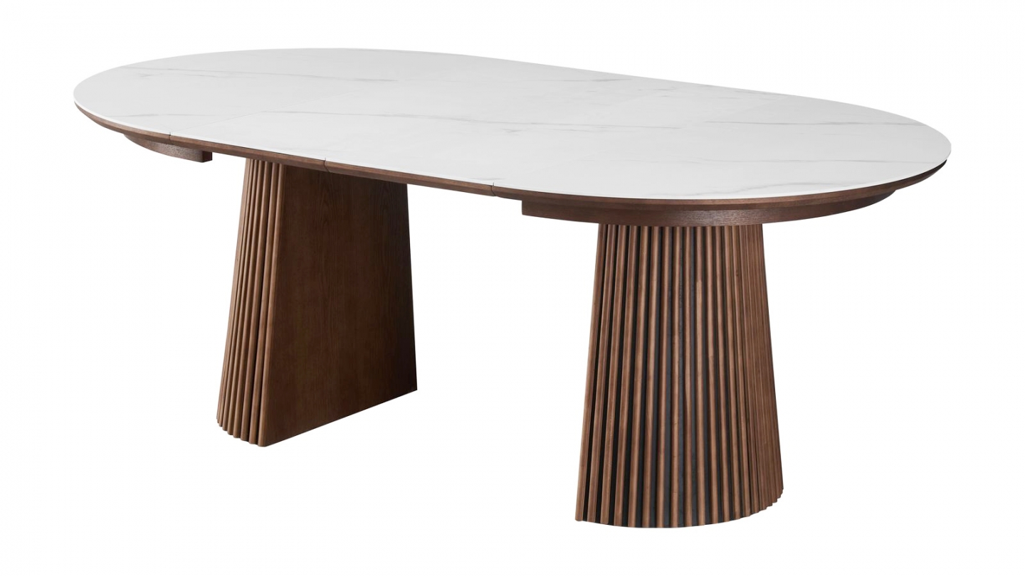 Table à manger ronde extensible plateau en céramique effet marbre et piètement en effet noyer 4 à 8 pers. 120/200 cm - Ada