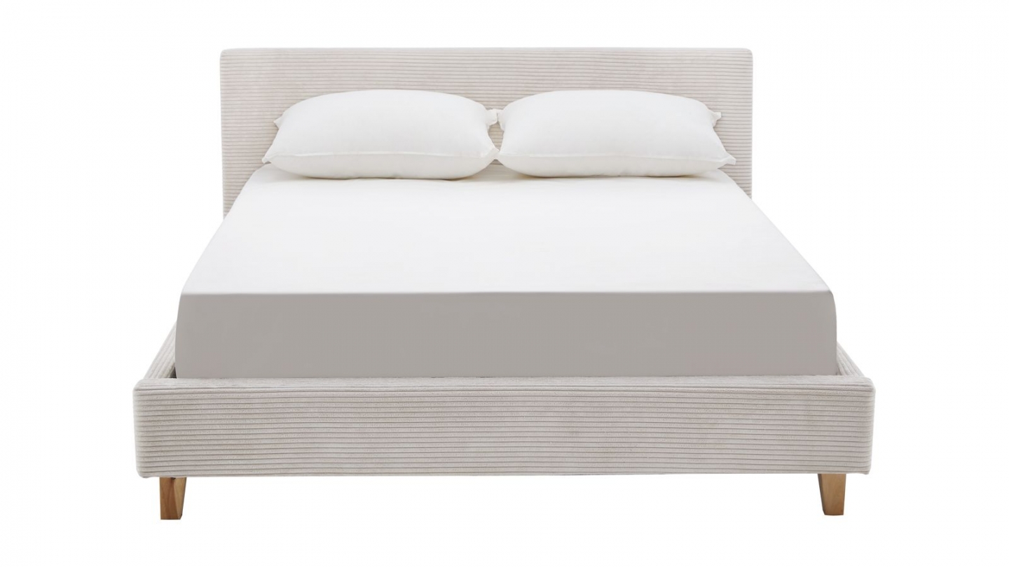 Ensemble Lit adulte 160x200cm avec tête de lit en velours côtelé beige - Milo + Matelas mémoire de forme - Memo HR