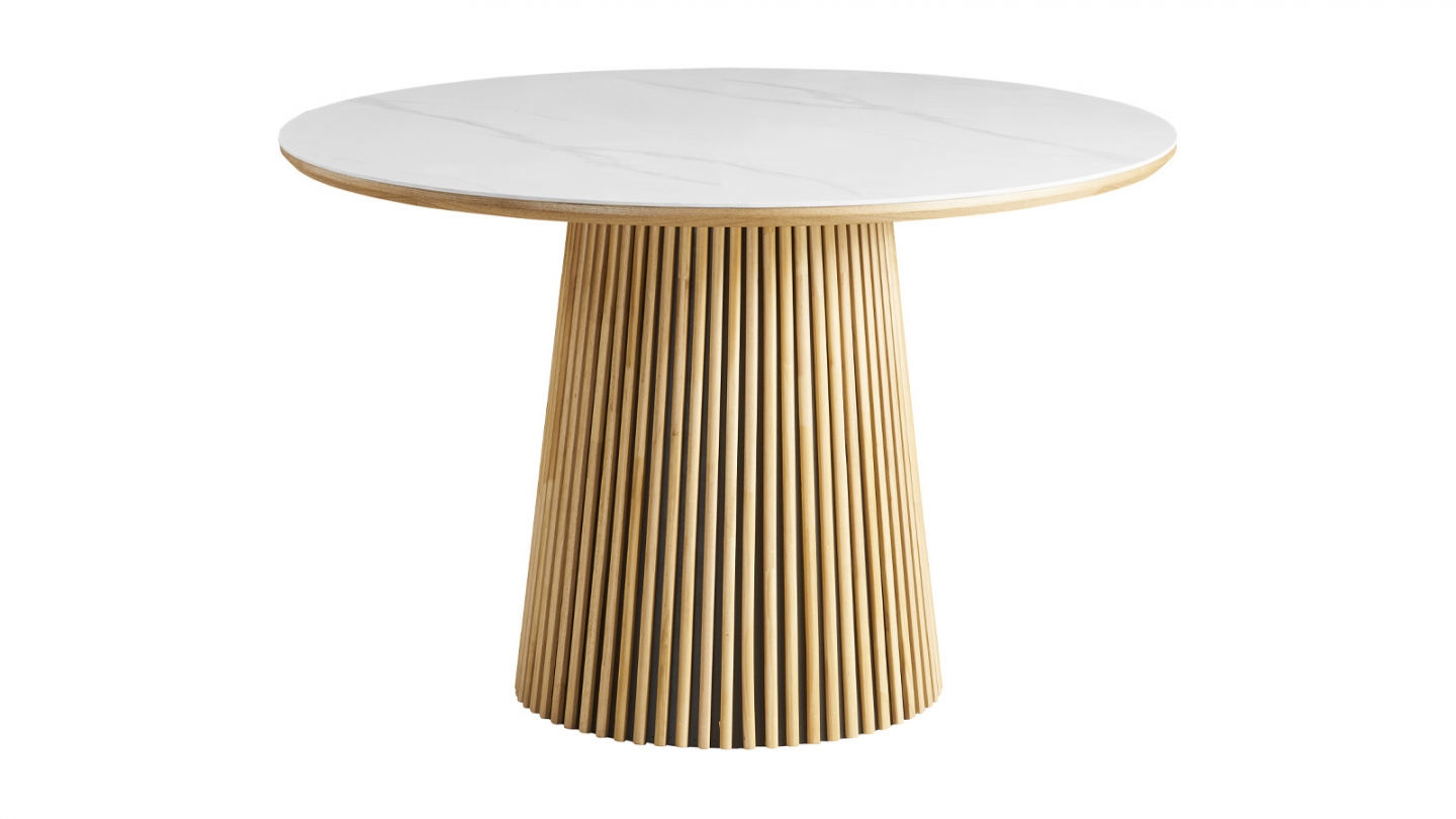 Table à manger ronde plateau en céramique effet marbre et piètement bois clair 5 à 6 pers. 120 cm - Ada