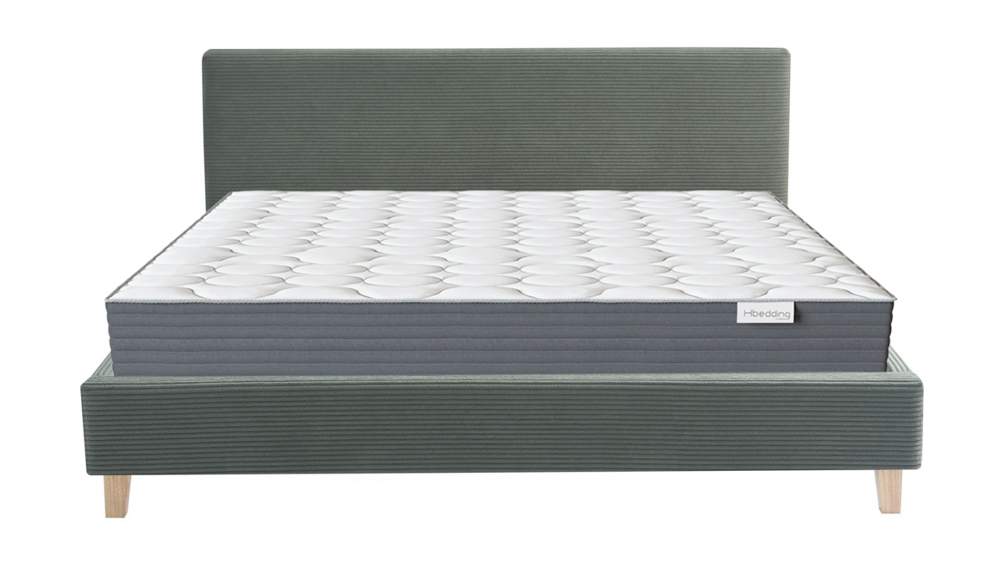 Ensemble Lit adulte 160x200cm avec tête de lit en velours côtelé vert kaki - Milo + Matelas mémoire de forme - Memo HR