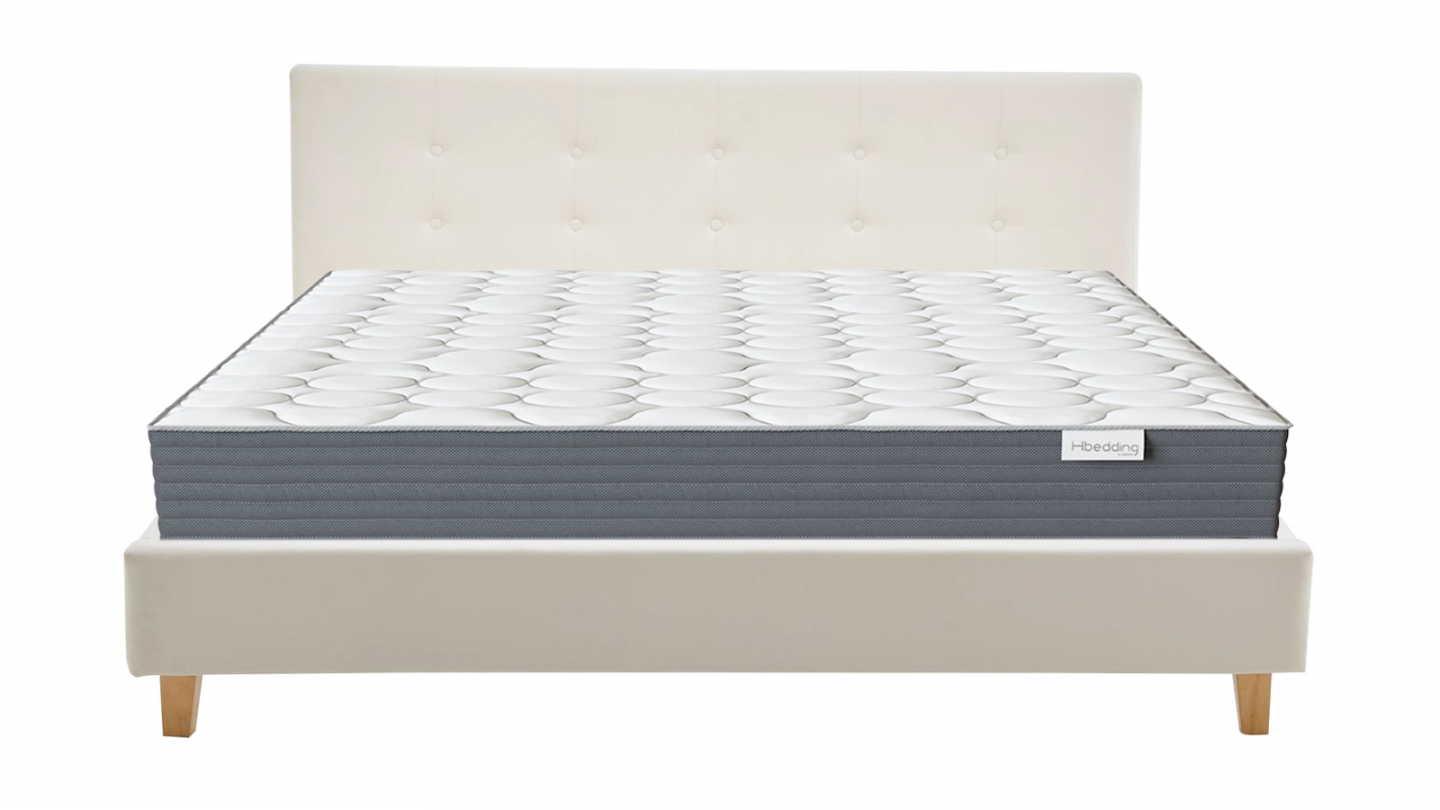 Ensemble Lit adulte 180x200cm avec tête de lit en velours beige - Milo + Matelas mémoire de forme - Memo HR