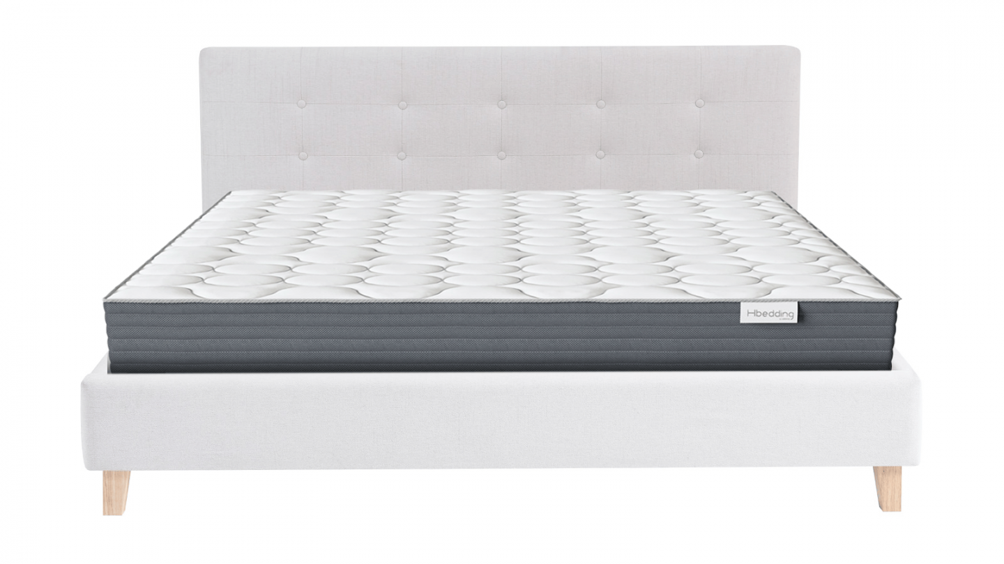 Ensemble Lit adulte 180x200cm avec tête de lit en tissu beige - Milo + Matelas mémoire de forme - Memo HR