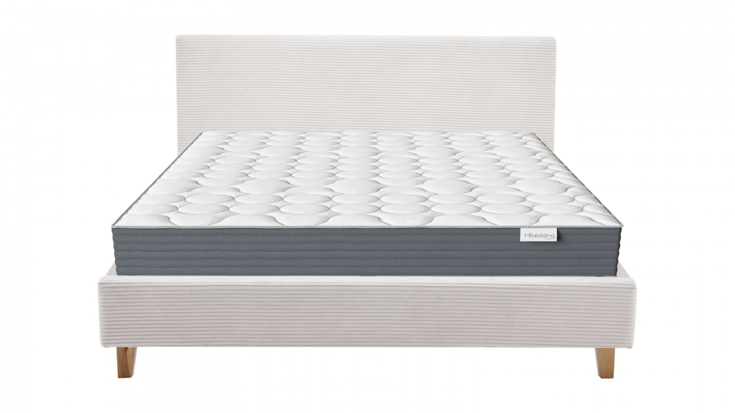 Ensemble Lit adulte 180x200cm avec tête de lit en velours côtelé beige - Milo + Matelas mémoire de forme - Memo HR