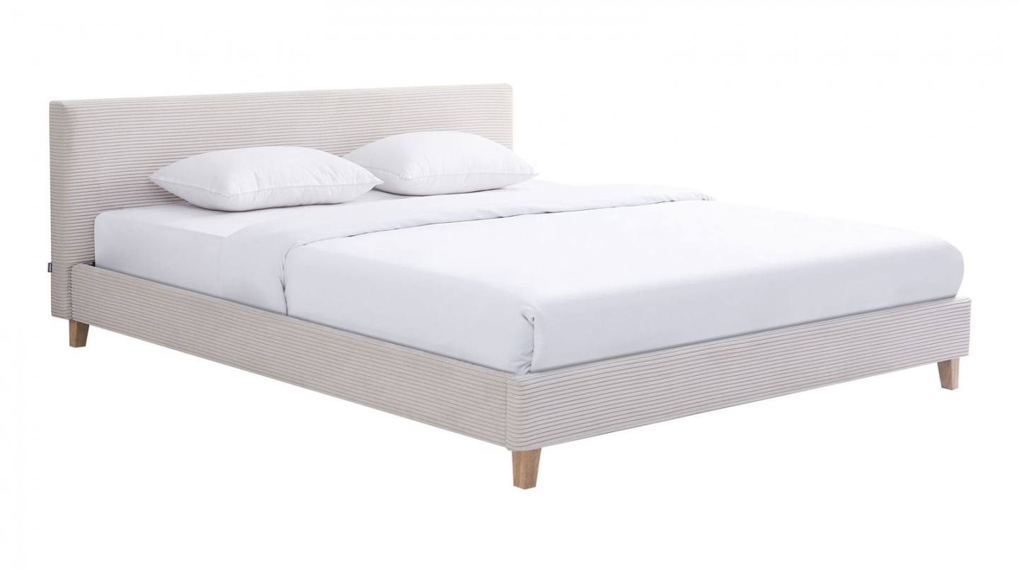 Ensemble Lit adulte 180x200cm avec tête de lit en velours côtelé beige - Milo + Matelas mémoire de forme - Memo HR