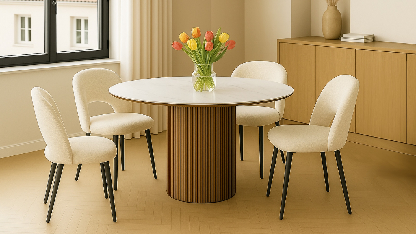 Table à manger ronde plateau en céramique effet marbre et piètement effet noyer 5 à 6 pers. 120 cm - Mira