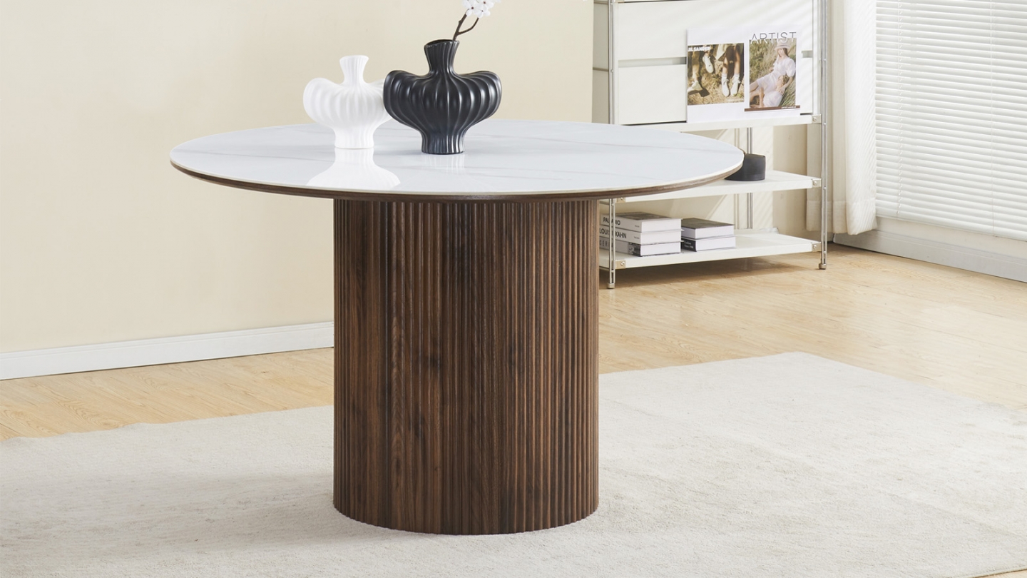 Table à manger ronde plateau en céramique effet marbre et piètement effet noyer 5 à 6 pers. 120 cm - Mira
