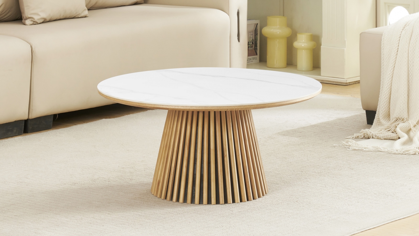 Table basse ronde plateau en céramique effet marbre et piètement bois clair - 80 cm- Ada