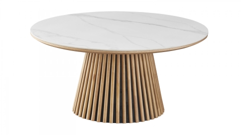 Table basse ronde plateau en céramique effet marbre et piètement bois clair - 80 cm- Ada