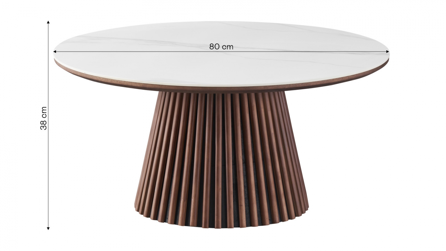 Table basse ronde plateau en céramique effet marbre et piètement effet noyer- 80 cm - Ada