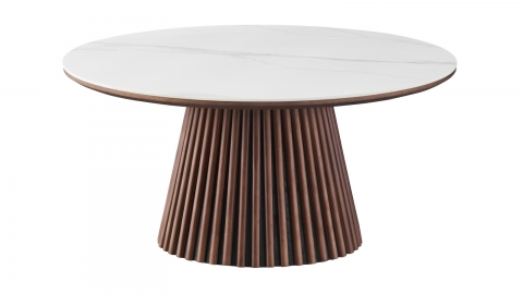 Table basse ronde plateau en céramique effet marbre et piètement effet noyer- 80 cm - Ada