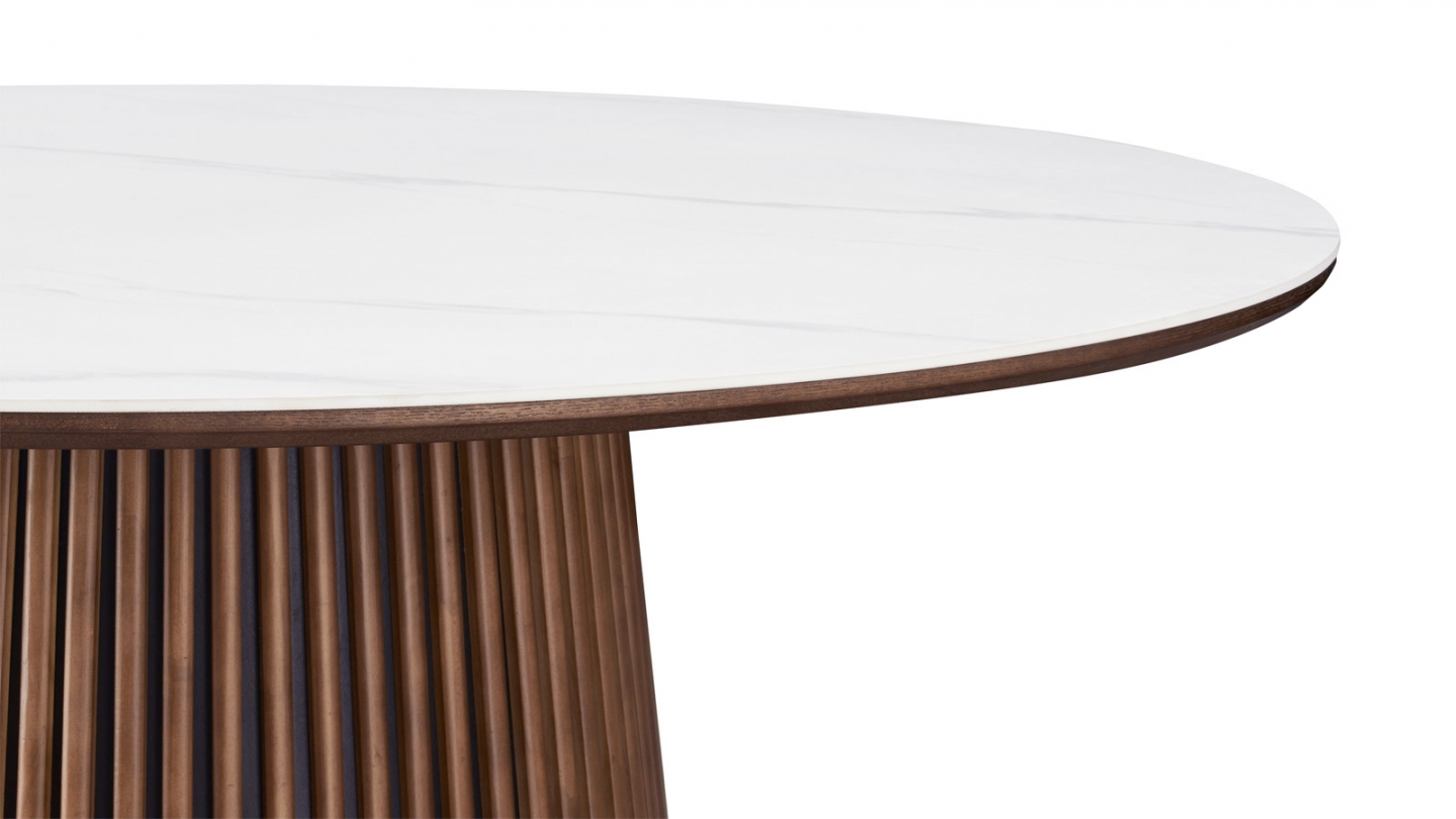 Table basse ronde plateau en céramique effet marbre et piètement effet noyer- 80 cm - Ada