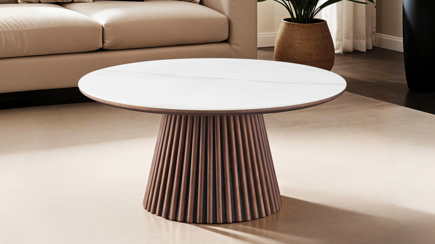 Table basse ronde plateau en céramique effet marbre et piètement effet noyer- 80 cm - Ada