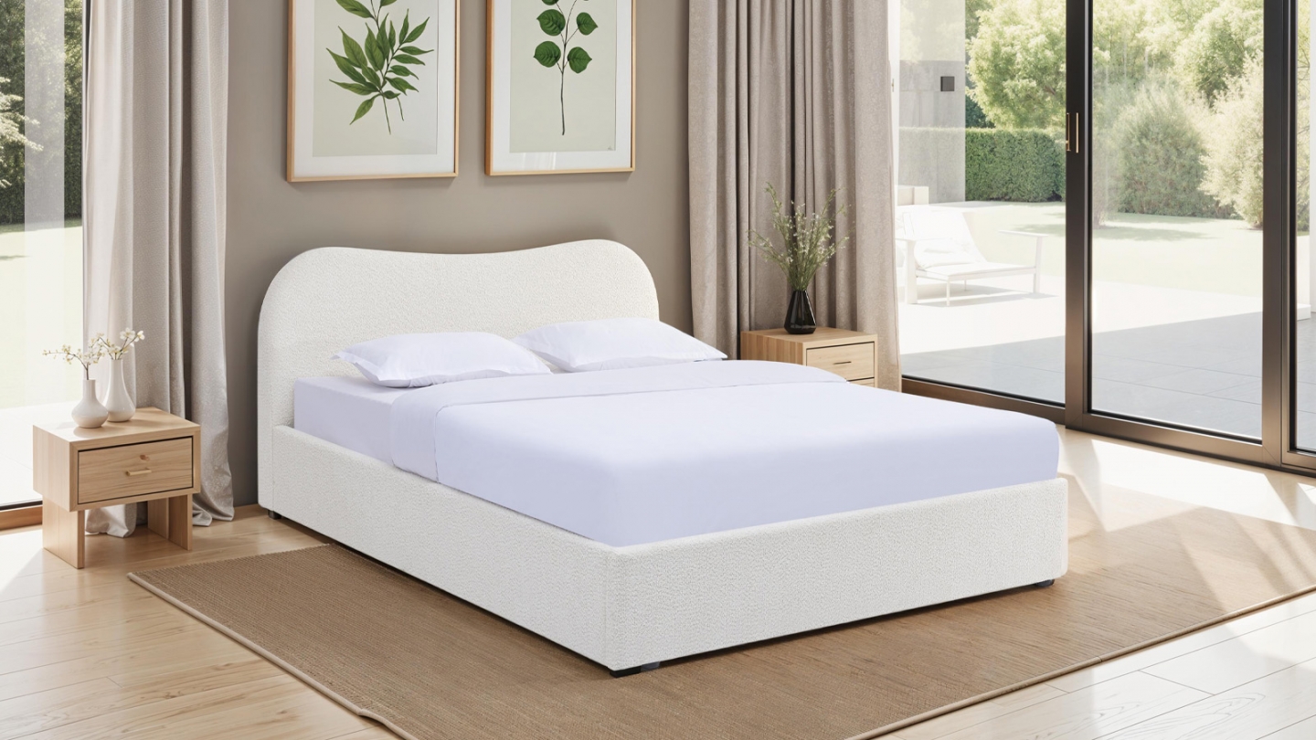 Lit coffre adulte 140x190 cm avec tête le lit arrondie en tissu bouclé beige - Suzon