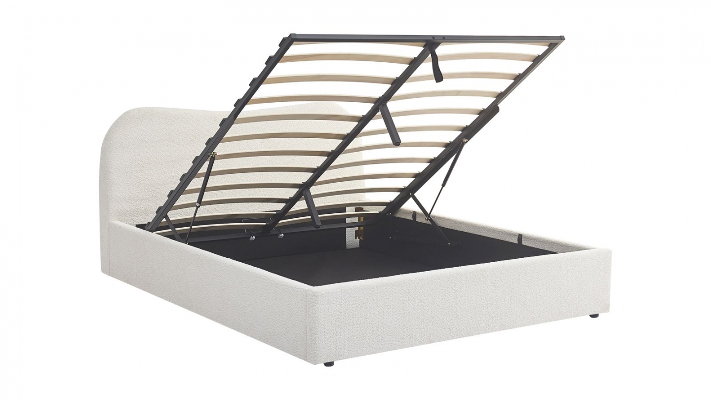 Lit coffre adulte 140x190 cm avec tête le lit arrondie en tissu bouclé beige - Suzon