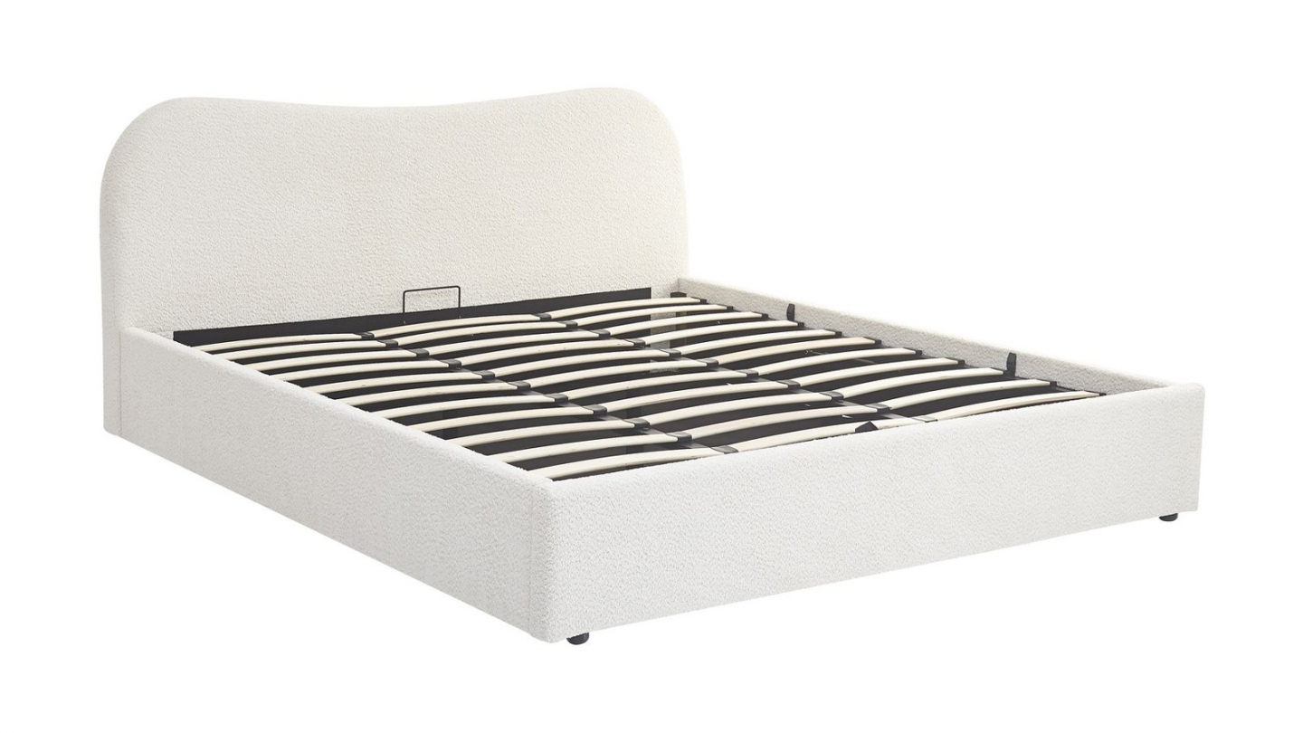 Lit coffre adulte 140x190 cm avec tête le lit arrondie en tissu bouclé beige - Suzon