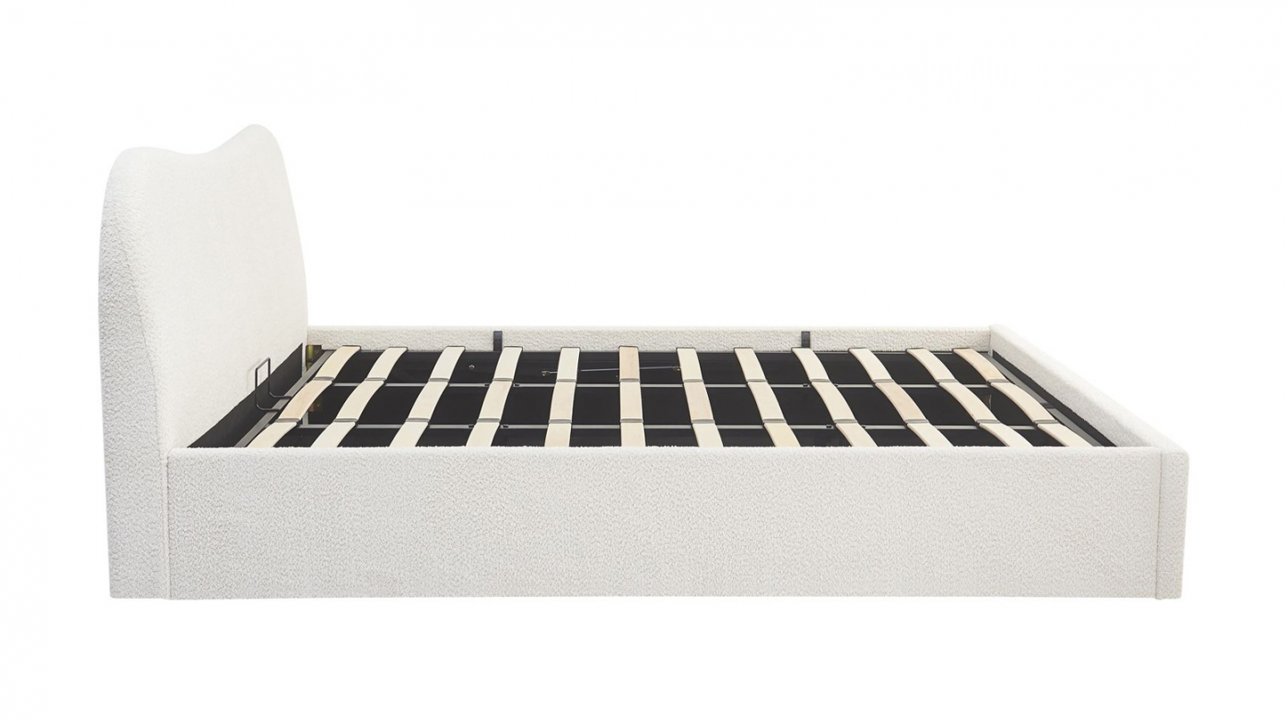 Lit coffre adulte 180x200 cm avec tête le lit arrondie en tissu bouclé beige - Suzon