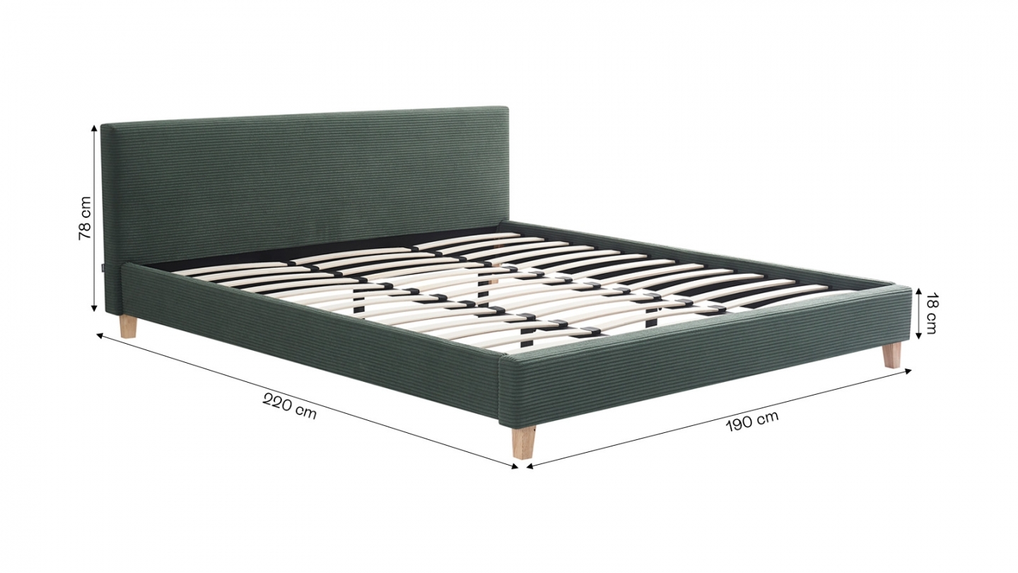 Ensemble Lit adulte 180x200cm avec tête de lit en velours côtelé vert kaki - Milo + Matelas mémoire de forme - Dual Confort