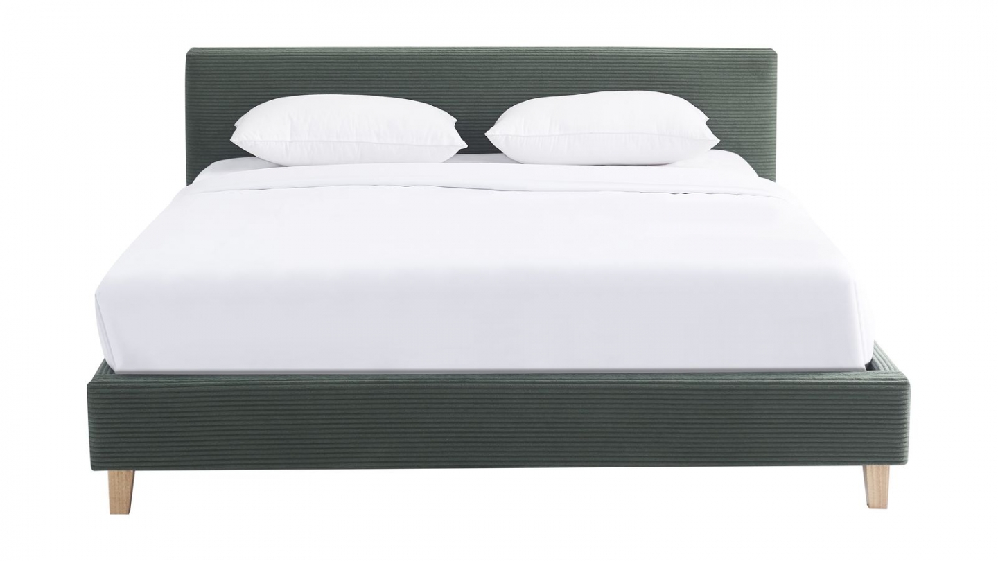 Ensemble Lit adulte 180x200cm avec tête de lit en velours côtelé vert kaki - Milo + Matelas mémoire de forme - Dual Confort
