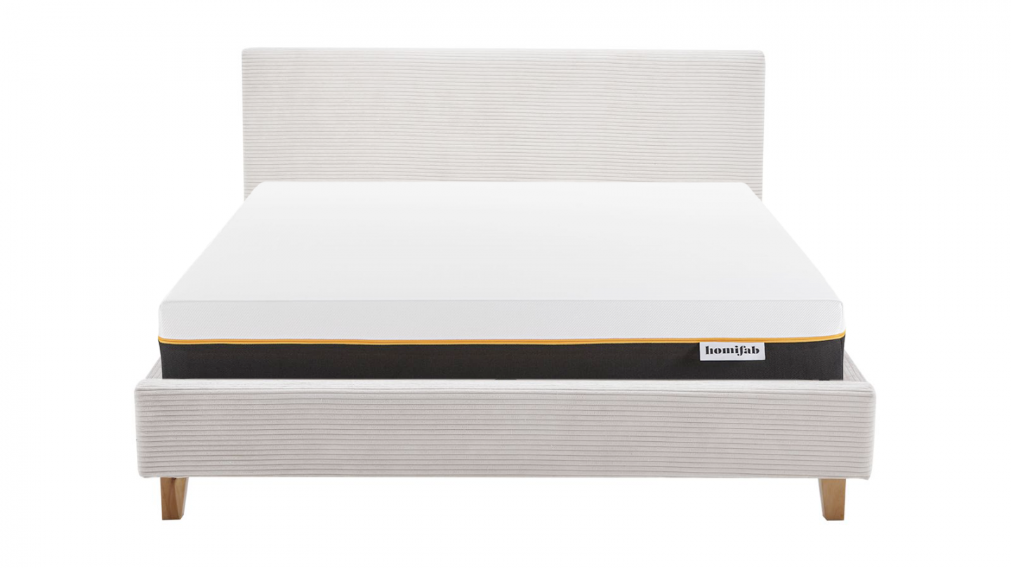 Ensemble Lit adulte 180x200cm avec tête de lit en velours côtelé beige - Milo + Matelas mémoire de forme - Dual Confort
