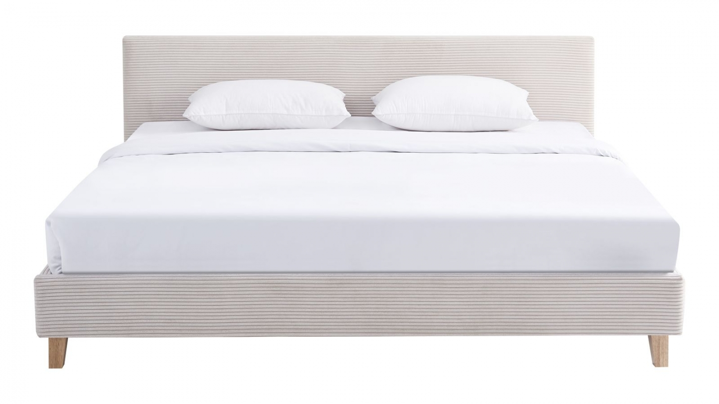 Ensemble Lit adulte 180x200cm avec tête de lit en velours côtelé beige - Milo + Matelas mémoire de forme - Dual Confort