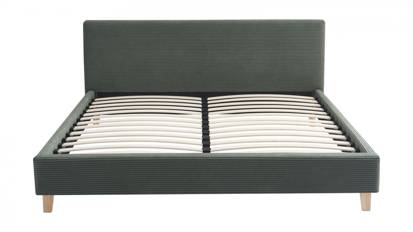 Ensemble Lit adulte 160x200cm avec tête de lit en velours côtelé vert kaki - Milo + Matelas mémoire de forme - Dual Confort