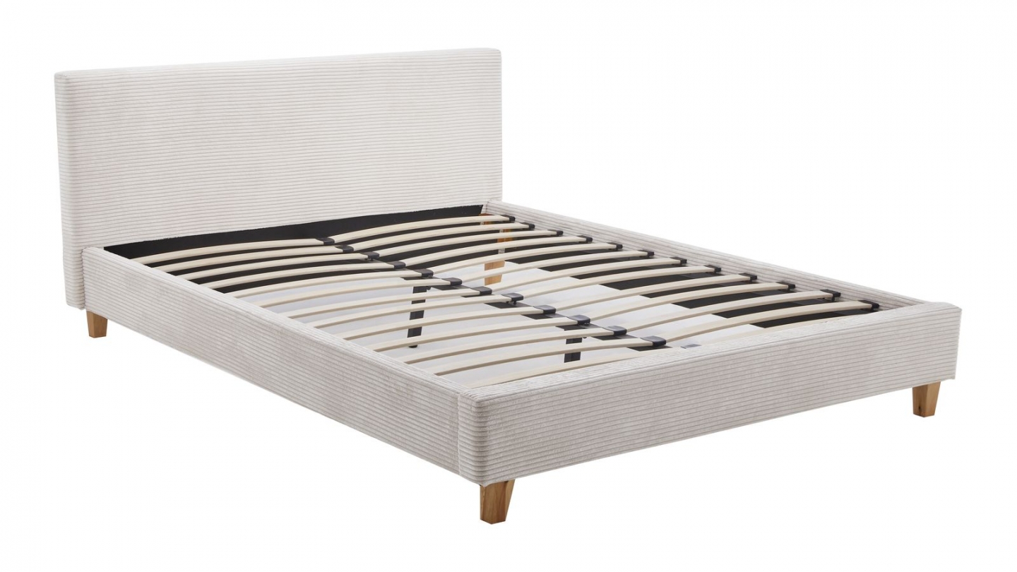 Ensemble Lit adulte 160x200cm avec tête de lit en velours côtelé beige - Milo + Matelas mémoire de forme - Dual Confort