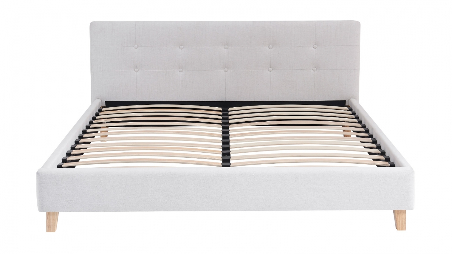 Ensemble Lit adulte 160x200cm avec tête de lit en tissu beige - Milo + Matelas mémoire de forme - Dual Confort
