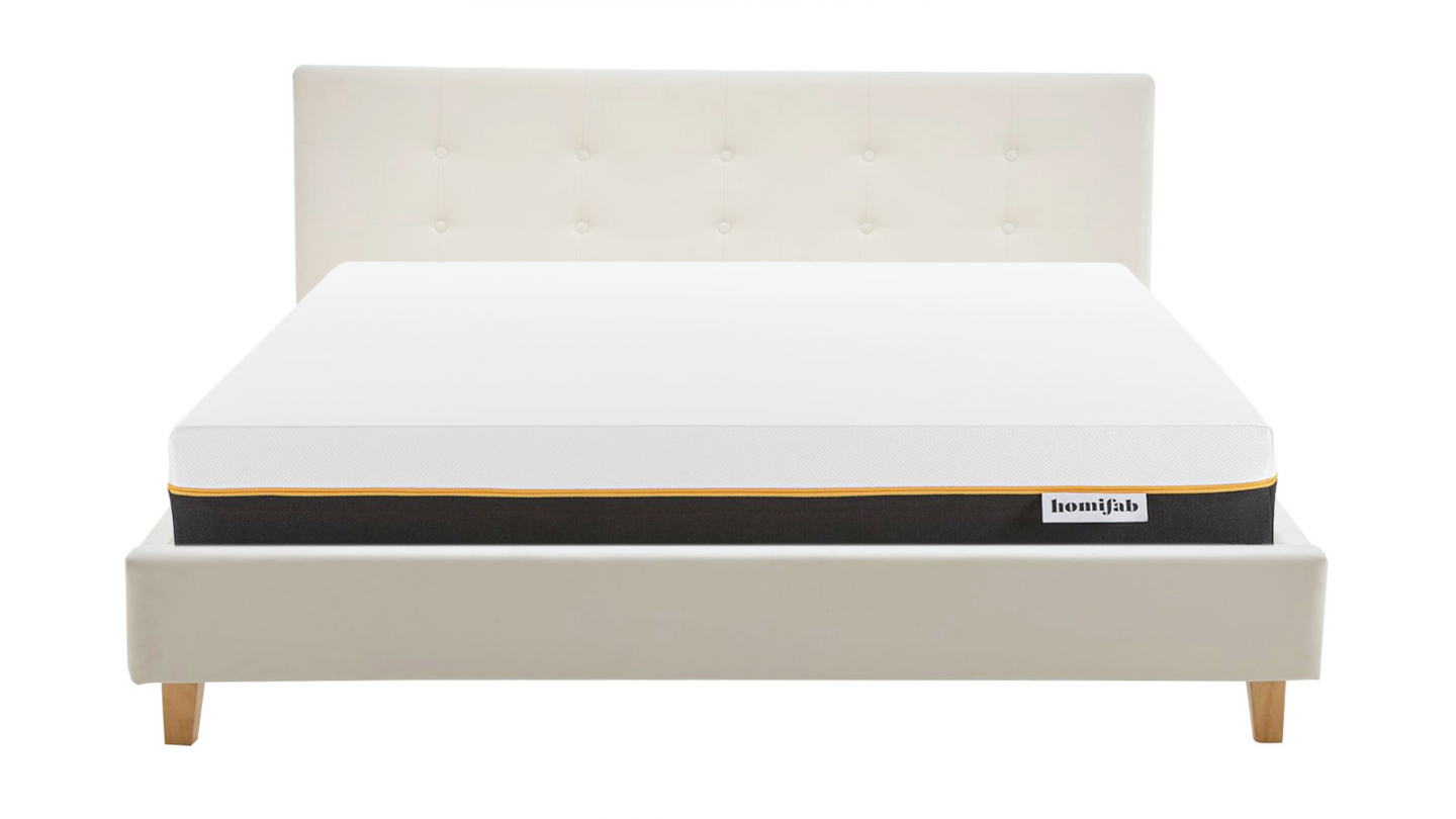 Ensemble Lit adulte 160x200cm avec tête de lit en velours beige - Milo + Matelas mémoire de forme - Dual Confort