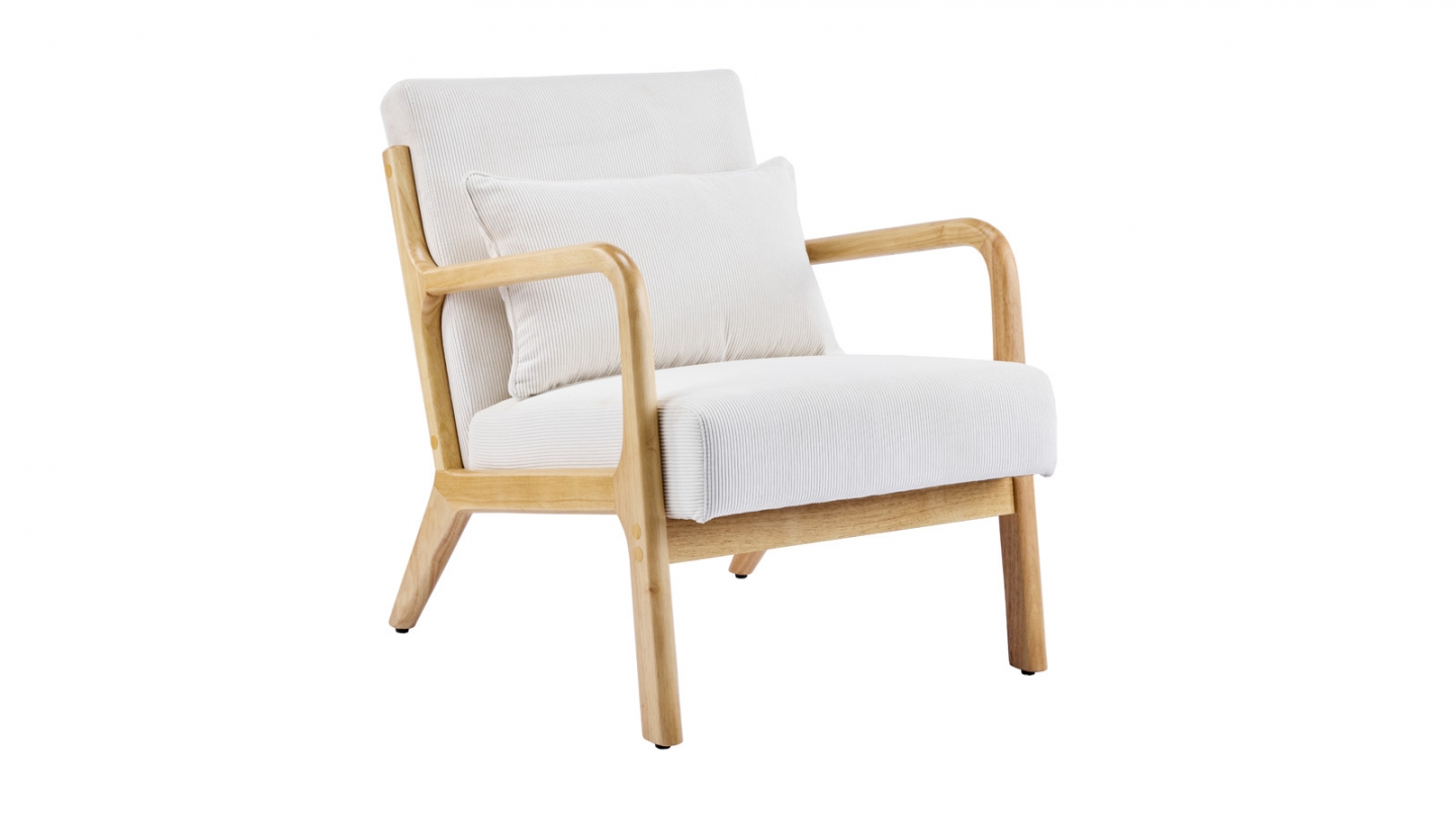 Fauteuil en bois et velours fines côtes beige - Lanna