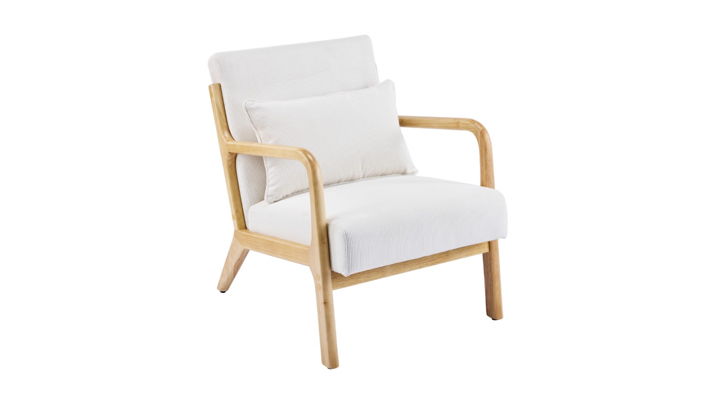 Fauteuil en bois et velours fines côtes beige - Lanna