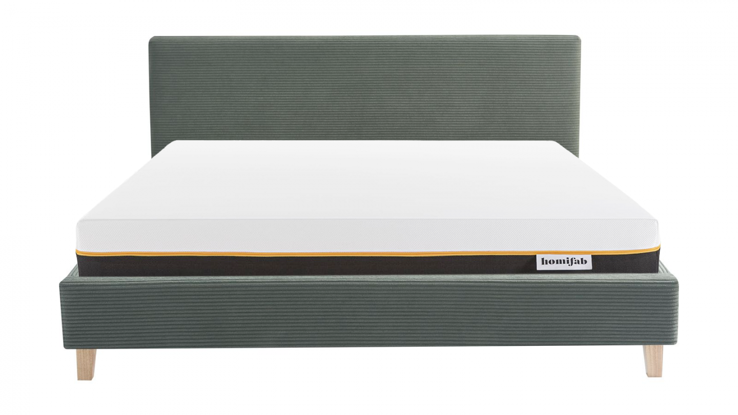 Ensemble Lit adulte 140x190cm avec tête de lit en velours côtelé vert kaki - Milo + Matelas mémoire de forme - Dual Confort