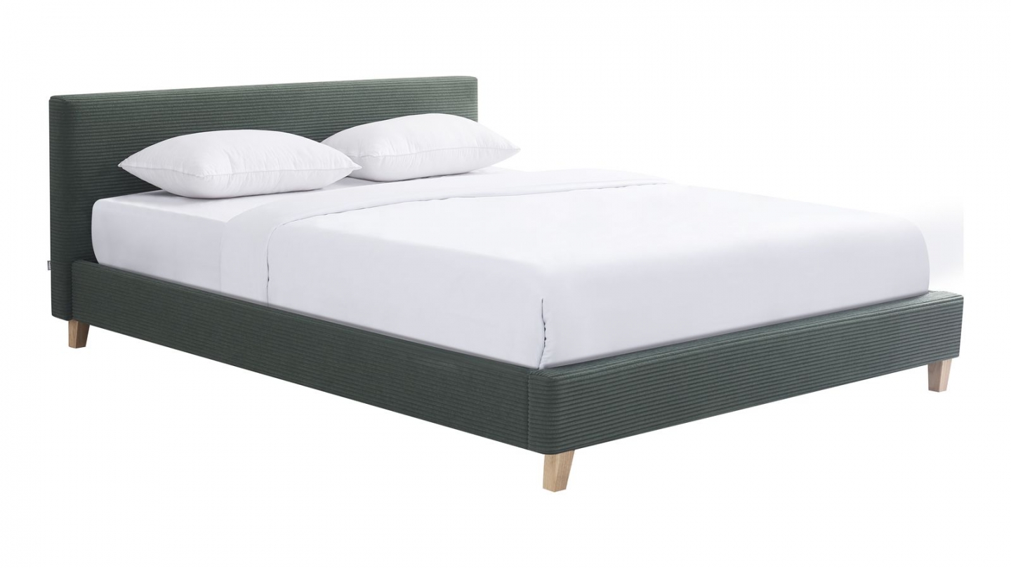 Ensemble Lit adulte 140x190cm avec tête de lit en velours côtelé vert kaki - Milo + Matelas mémoire de forme - Dual Confort