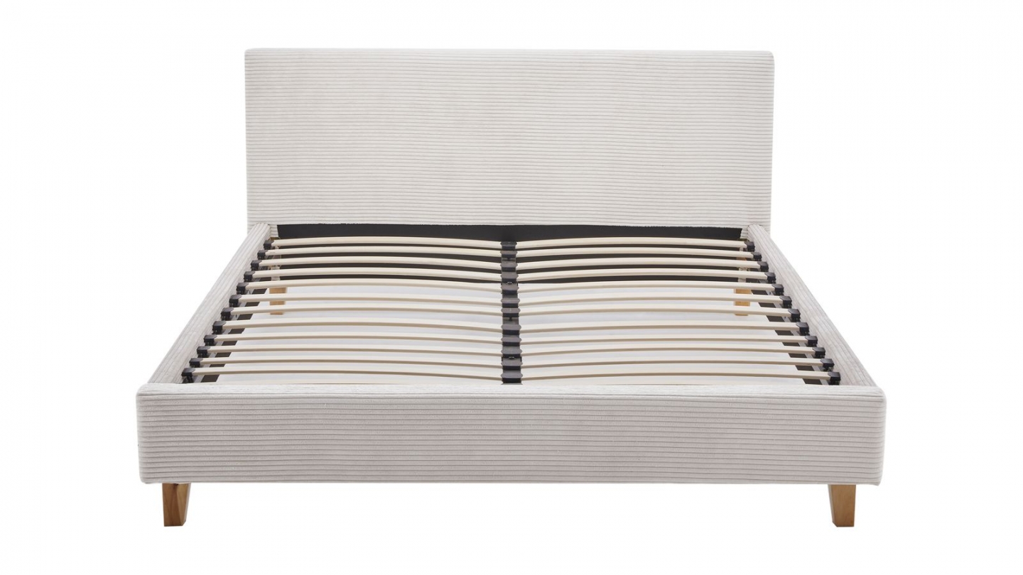 Ensemble Lit adulte 140x190cm avec tête de lit en velours côtelé beige - Milo + Matelas mémoire de forme - Dual Confort