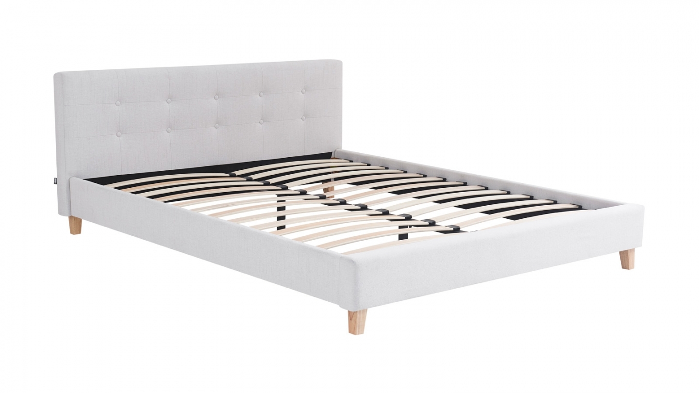 Ensemble Lit adulte 140x190cm avec tête de lit en tissu beige - Milo + Matelas mémoire de forme - Dual Confort