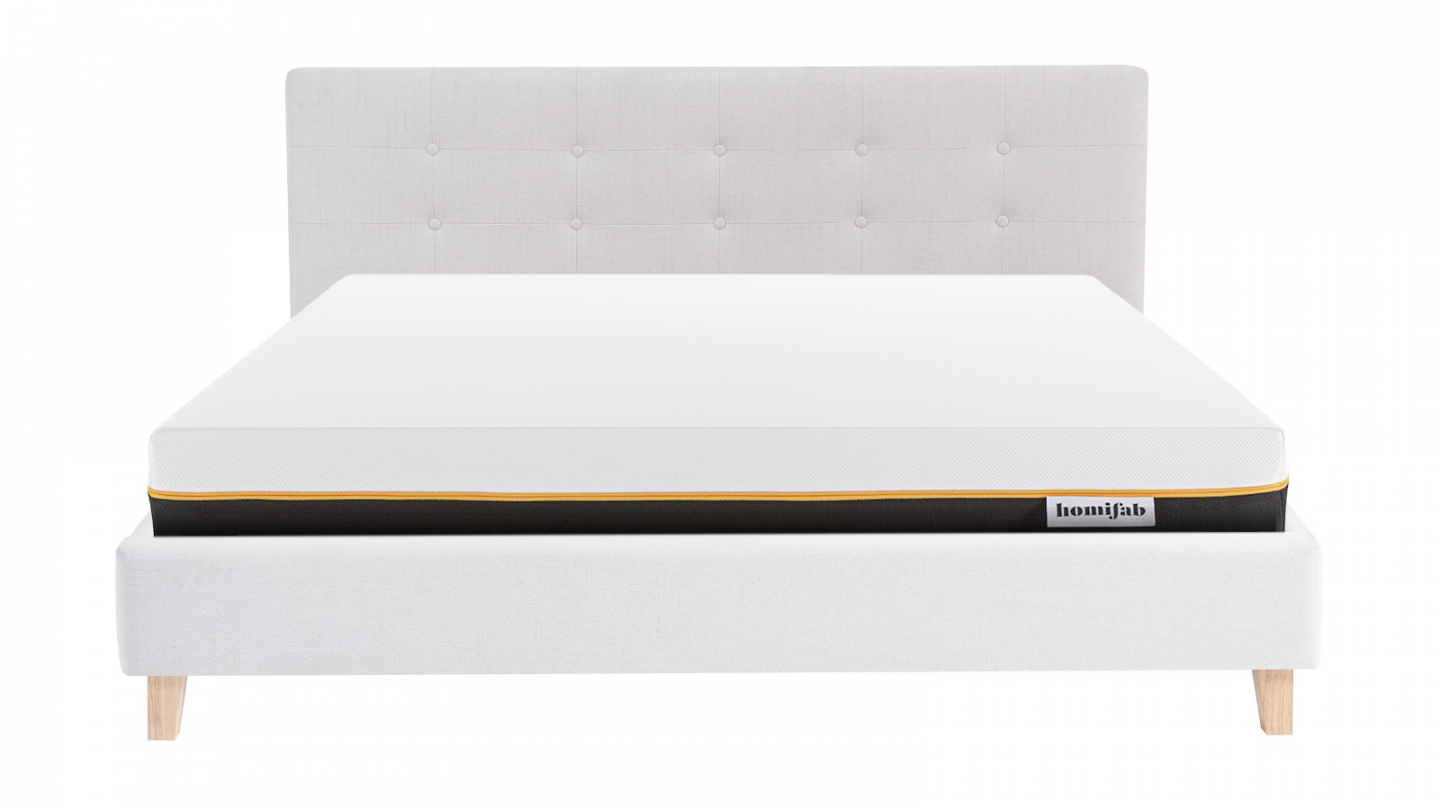 Ensemble Lit adulte 140x190cm avec tête de lit en tissu beige - Milo + Matelas mémoire de forme - Dual Confort
