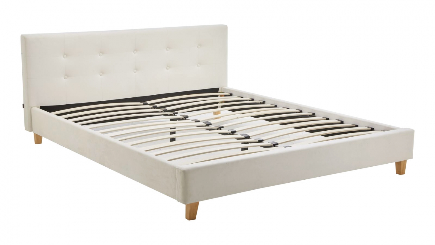 Ensemble Lit adulte 140x190cm avec tête de lit en velours beige - Milo + Matelas mémoire de forme - Dual Confort