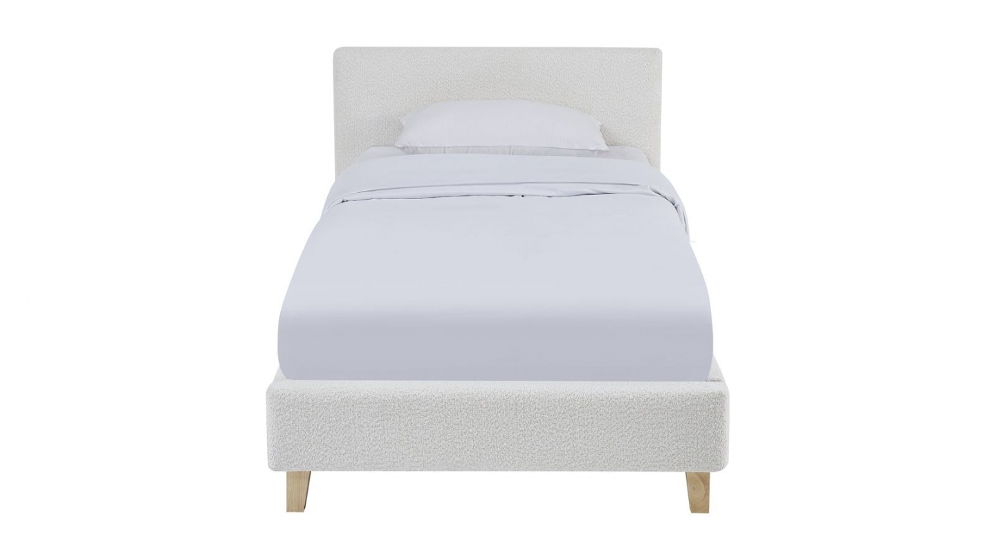 Ensemble Lit adulte 90x190cm avec tête de lit en tissu bouclé beige - Milo + Matelas mémoire de forme - Dual Confort