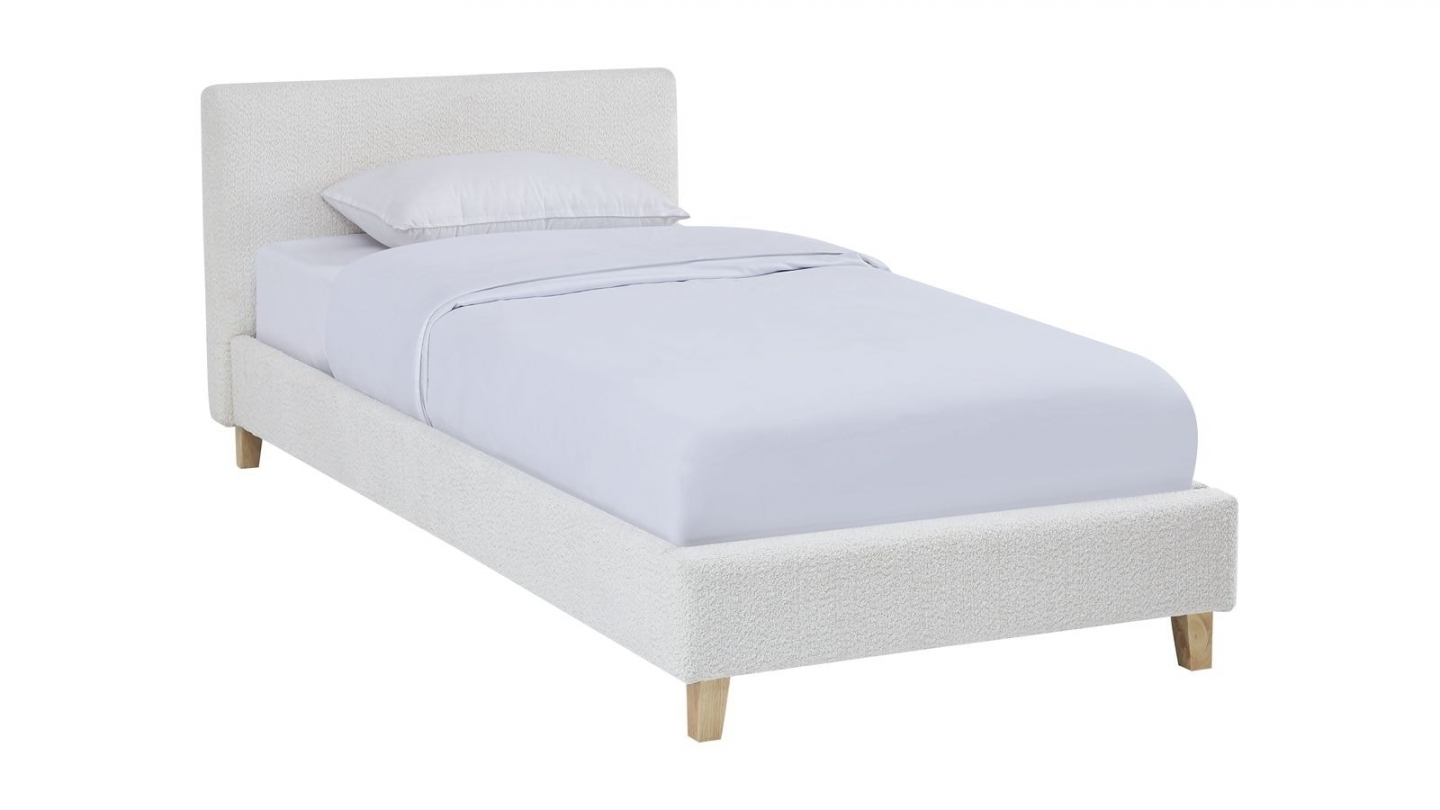 Ensemble Lit adulte 90x190cm avec tête de lit en tissu bouclé beige - Milo + Matelas mémoire de forme - Dual Confort