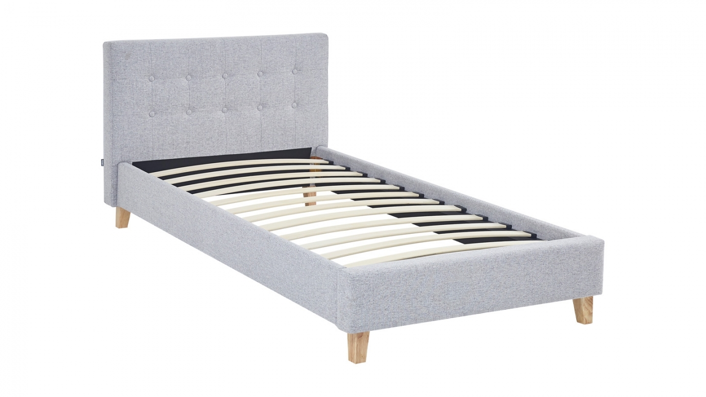 Ensemble Lit adulte 90x190cm avec tête de lit en tissu gris chiné - Milo + Matelas mémoire de forme - Dual Confort