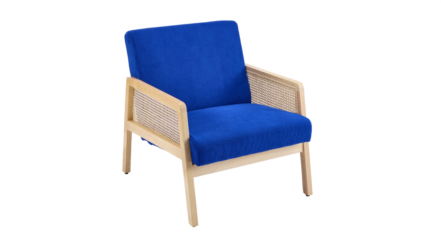 Fauteuil en cannage et velours côtelé bleu électrique - Mani