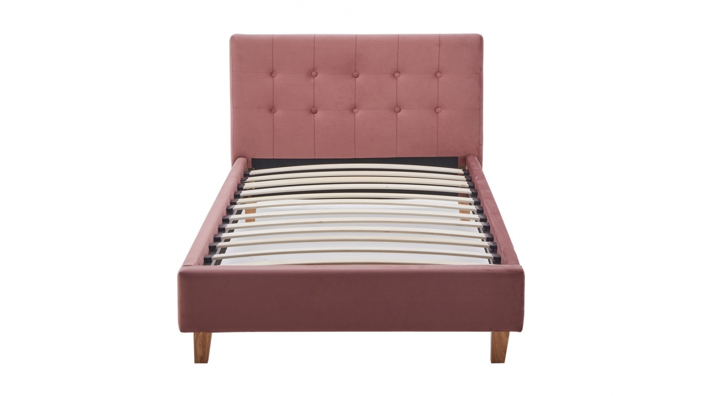 Ensemble Lit adulte 90x190cm avec tête de lit en velours vieux rose - Milo + Matelas mémoire de forme - Dual Confort