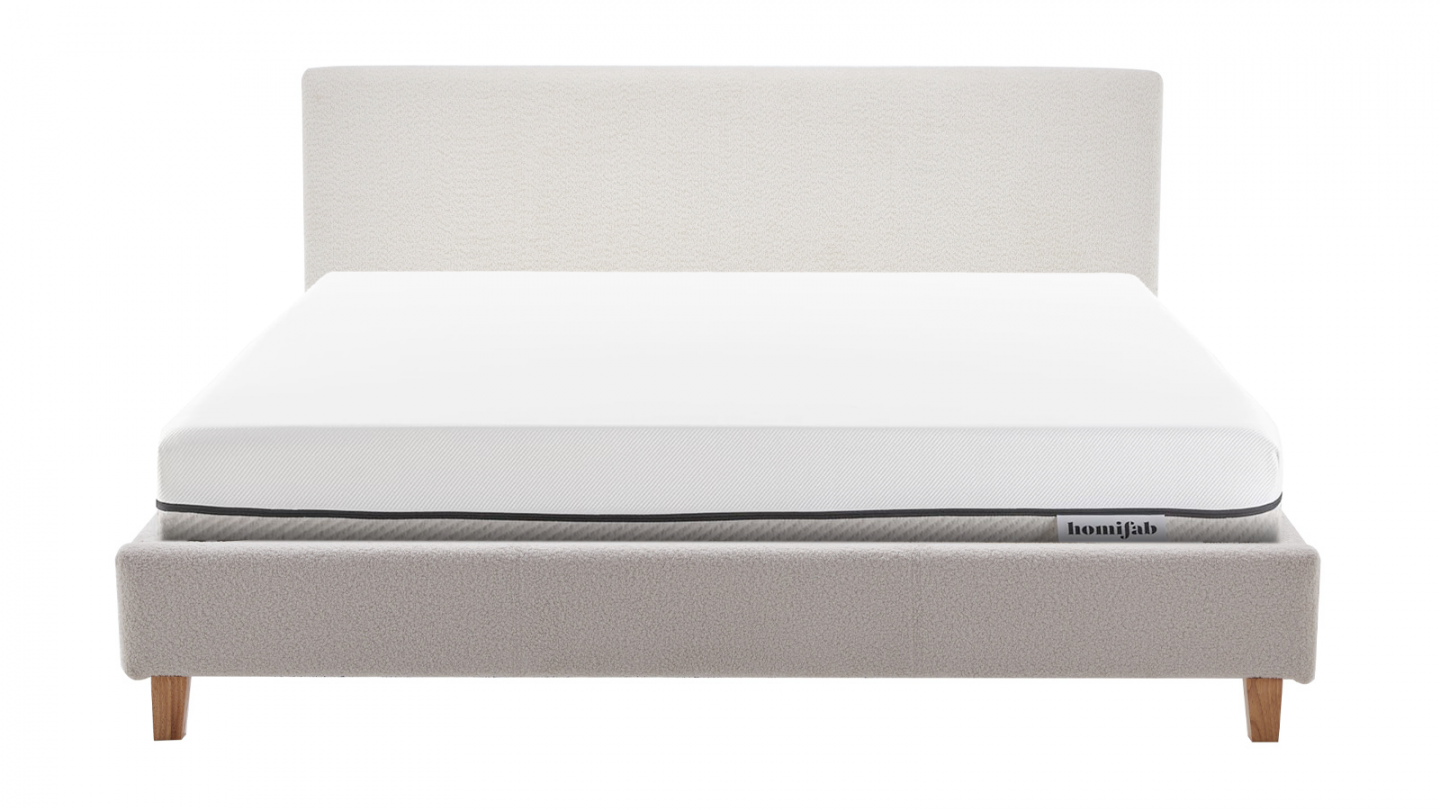 Ensemble Lit adulte 180x200cm avec tête de lit en tissu bouclé beige - Milo + Matelas ressorts ensachés - Spring Elite