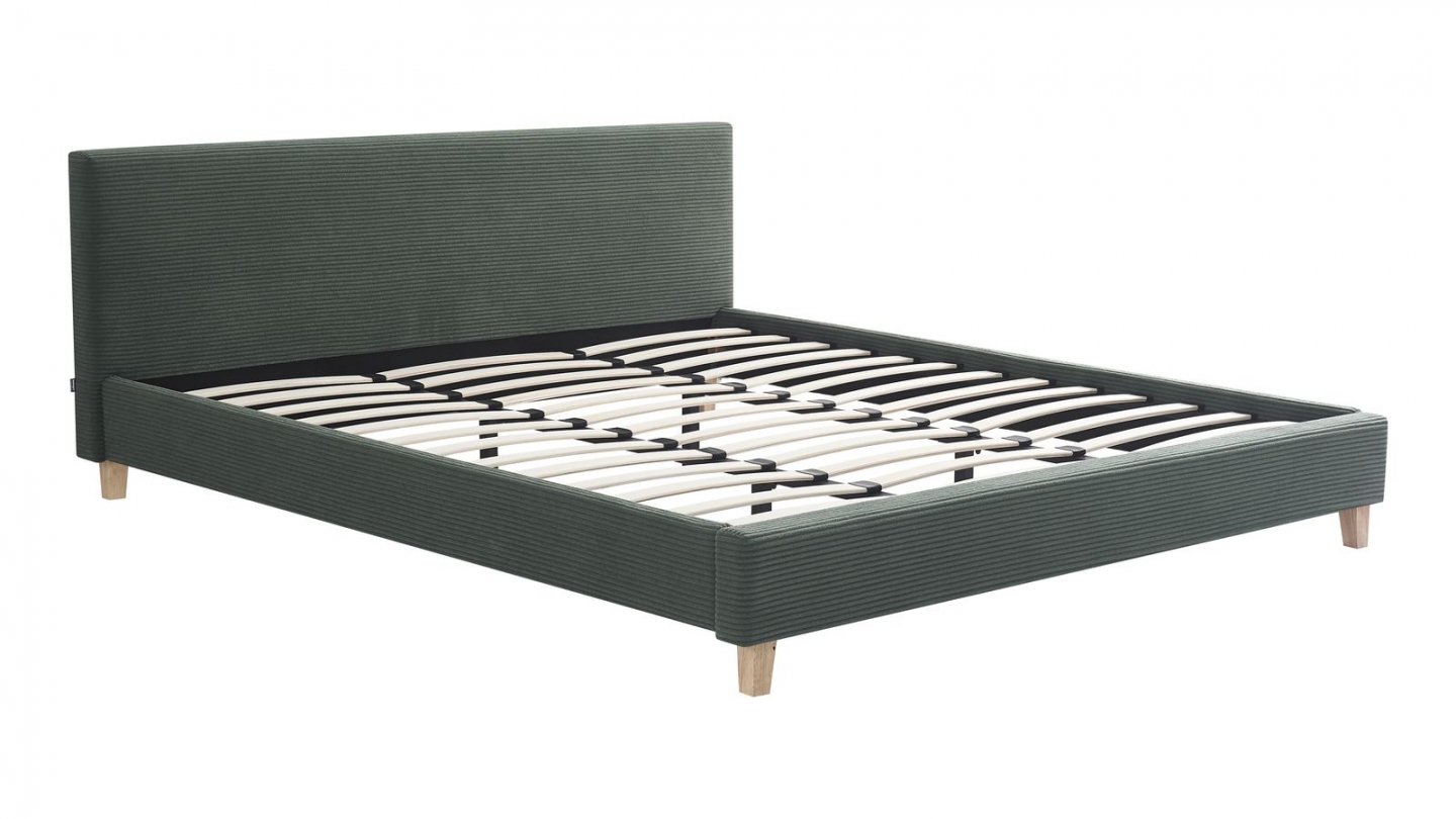 Ensemble Lit adulte 180x200cm avec tête de lit en velours côtelé vert kaki - Milo + Matelas ressorts ensachés - Spring Elite