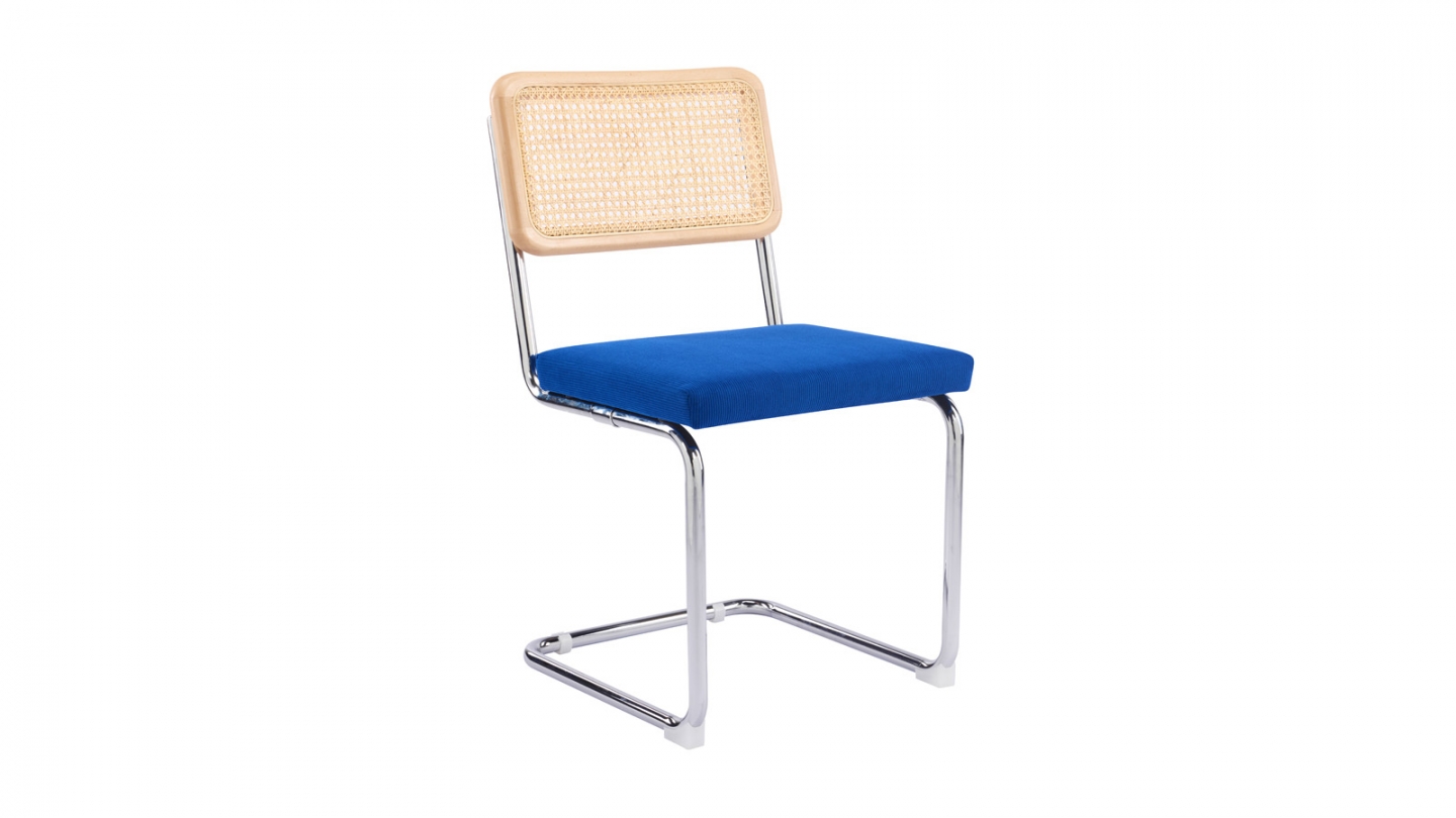 Lot de 2 chaises en cannage velours côtelé bleu électrique et métal chromé - Muse