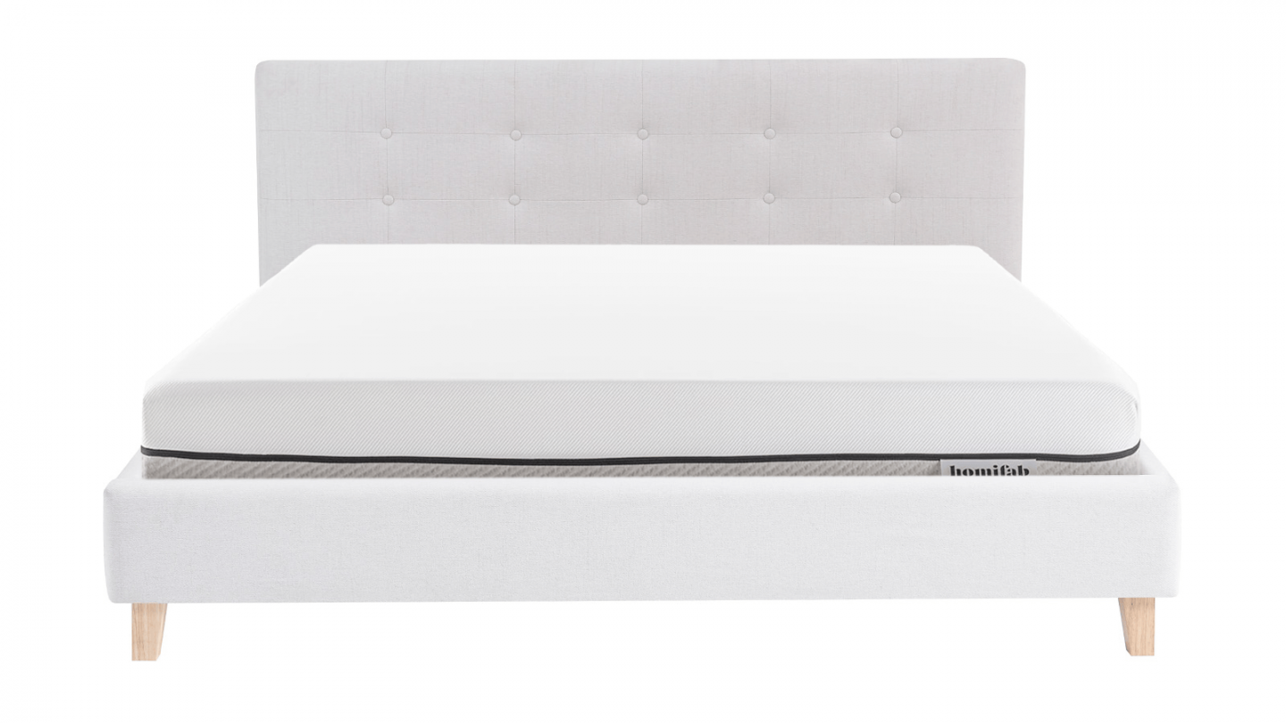 Ensemble Lit adulte 160x200cm avec tête de lit en tissu beige - Milo + Matelas ressorts ensachés - Spring Elite