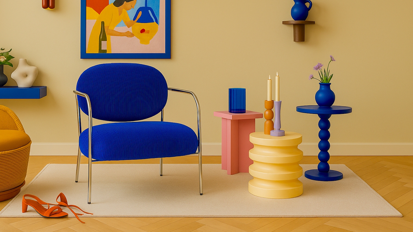 Fauteuil en velours côtelé bleu électrique et piètement chromé - Léon