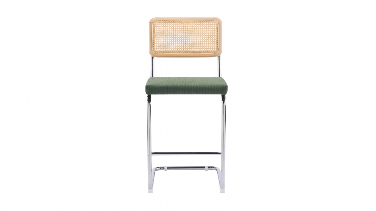 Lot de 2 tabourets de bar en velours côtelé vert kaki et cannage - Muse