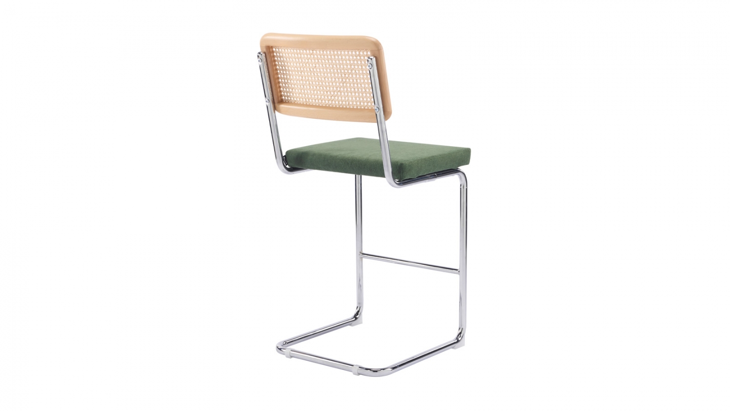 Lot de 2 tabourets de bar en velours côtelé vert kaki et cannage - Muse