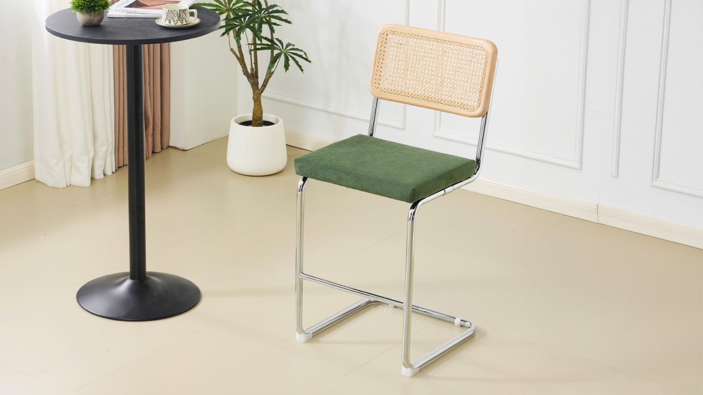 Lot de 2 tabourets de bar en velours côtelé vert kaki et cannage - Muse