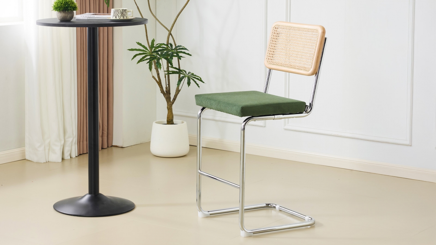 Lot de 2 tabourets de bar en velours côtelé vert kaki et cannage - Muse